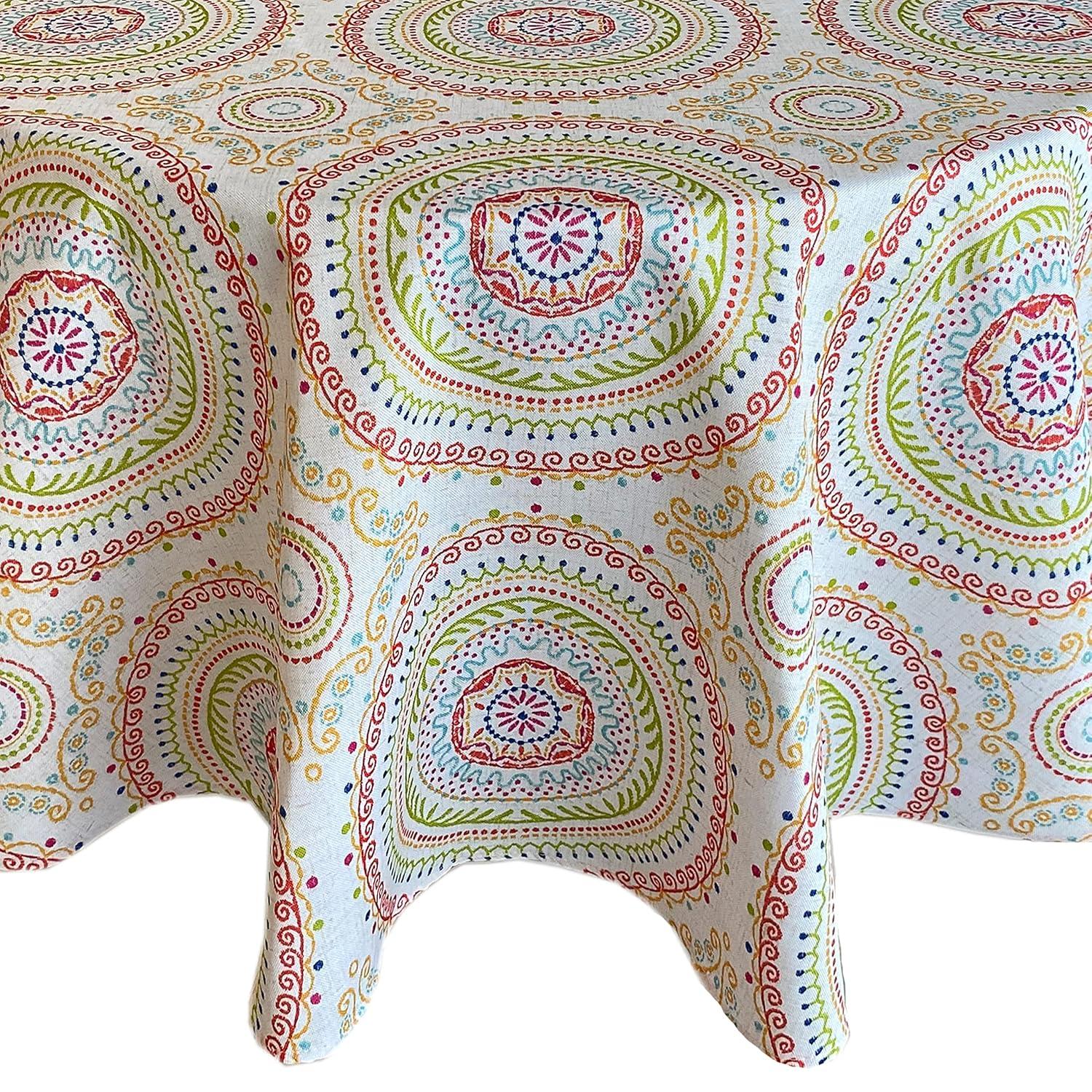 Newbridge 70 Inch Round Fabric Tablecloth, Coral and Green Circle Stitch, Indoor Outdoor No Iron Soil Resistant Dining Room, Party and Banquet Table Cover, Modern Boho Chic Print