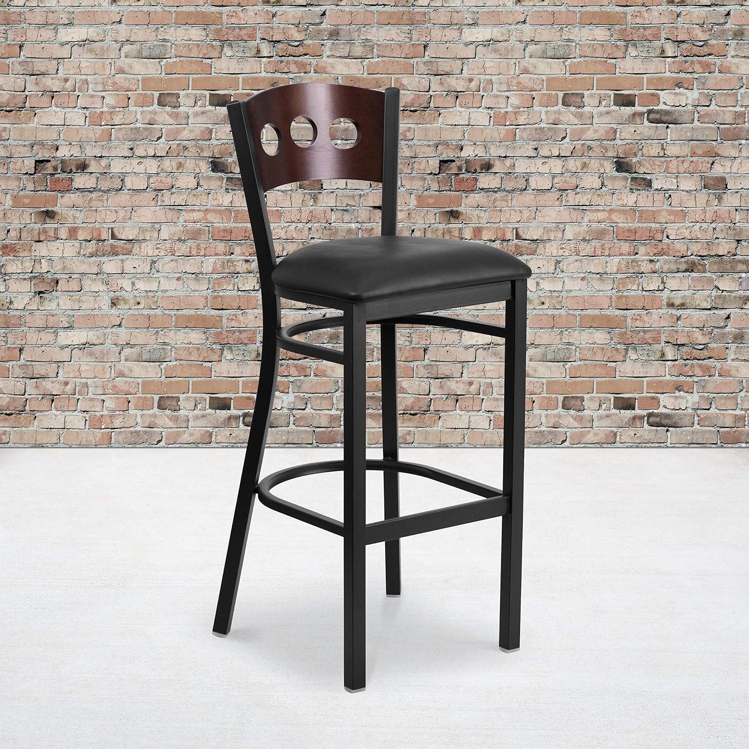 Flash Furniture HERCULES Series Black 3 Circle Back Metal Restaurant Barstool - Walnut Wood Back, Black Vinyl Seat