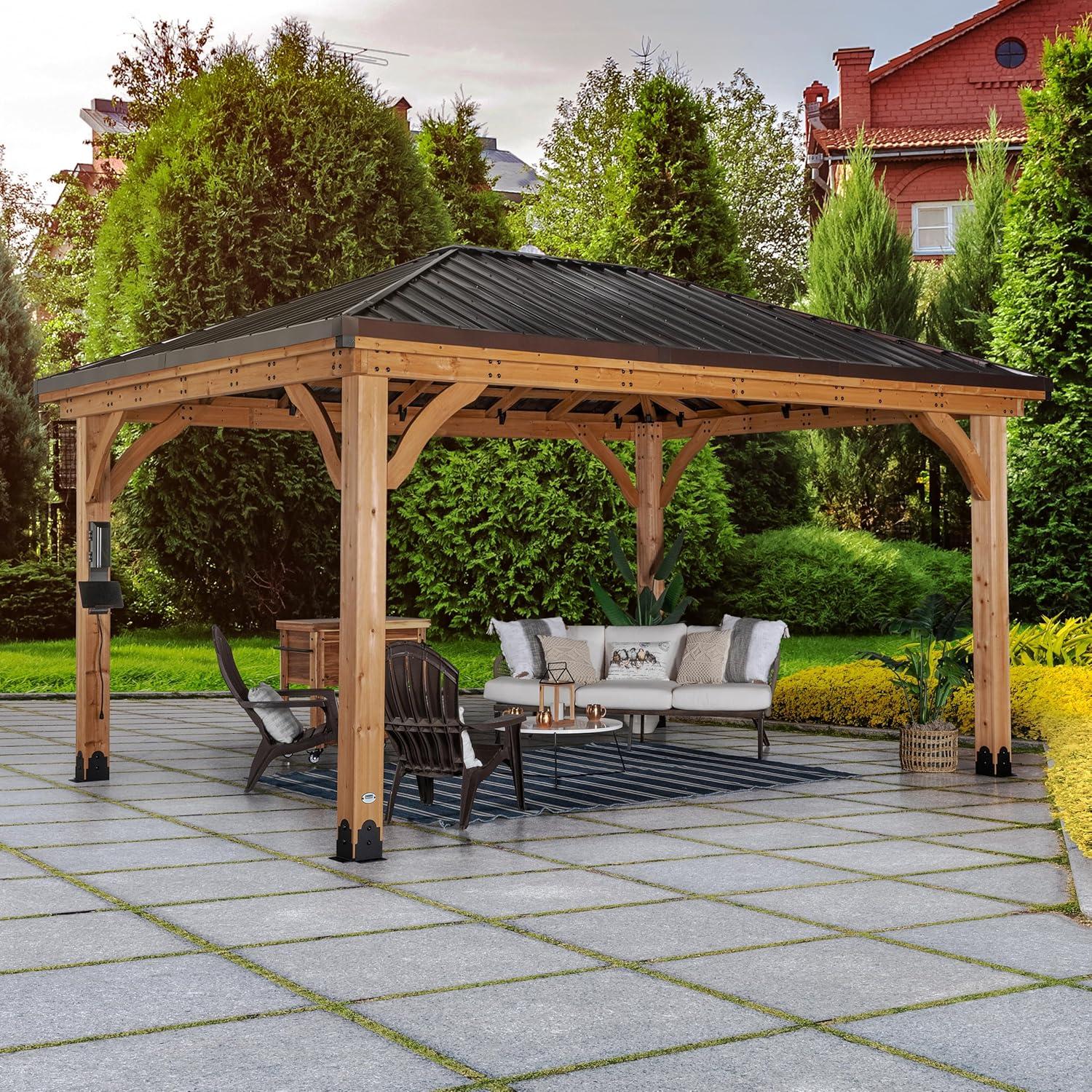 Backyard Discovery Backyard Discovery Barrington 16' x 12' Cedar Wood Outdoor Patio Gazebo with Hardtop Galvanized Steel Hip Roof and PowerPort