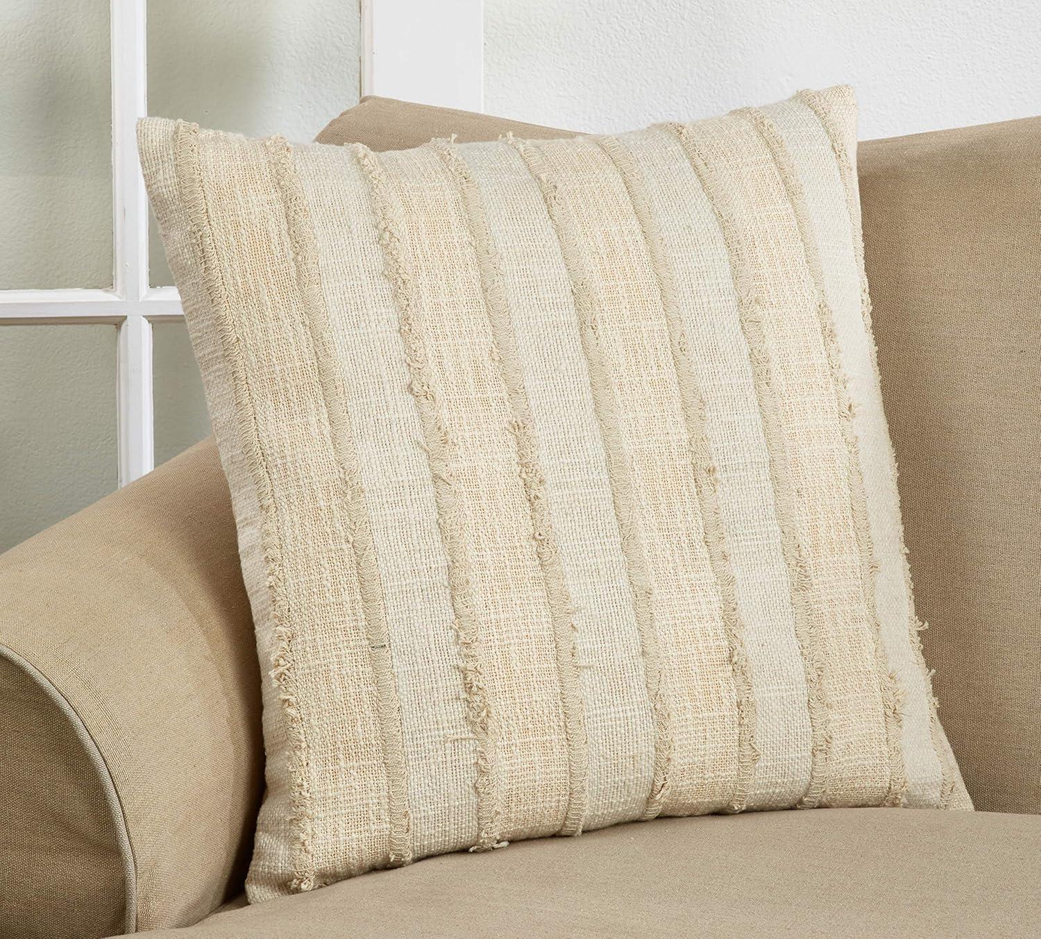 Fennco Styles Cottage Stripe Patched Fringe 22 x 22 Inch Throw Pillow Case â€“ Ivory Throw Pillow Case