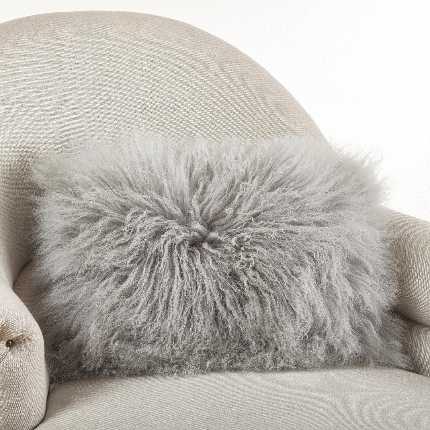 Fog Gray Wool Mongolian Lamb Fur Throw Pillow, 12" x 20"