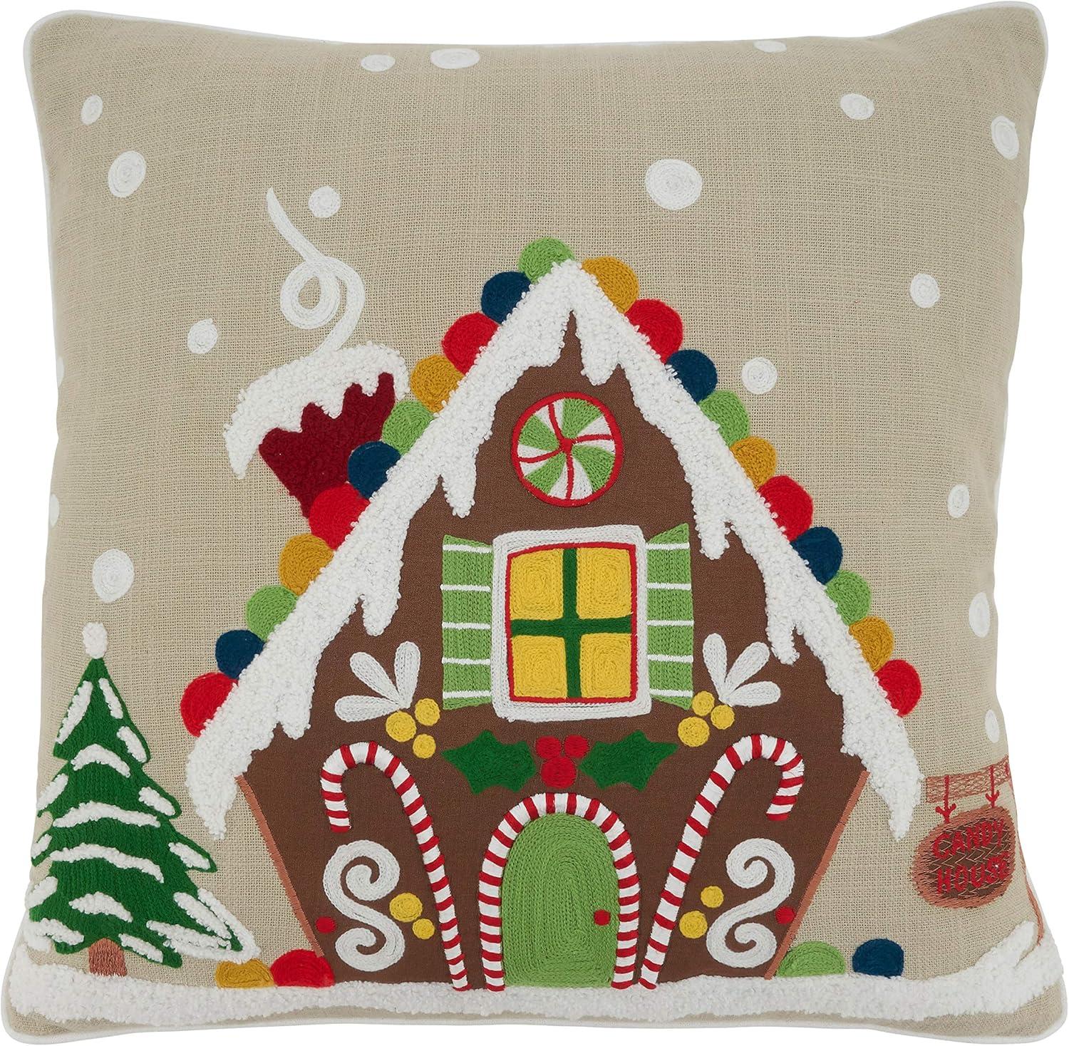 Natural Cotton Embroidered Gingerbread House Euro Pillow Cover