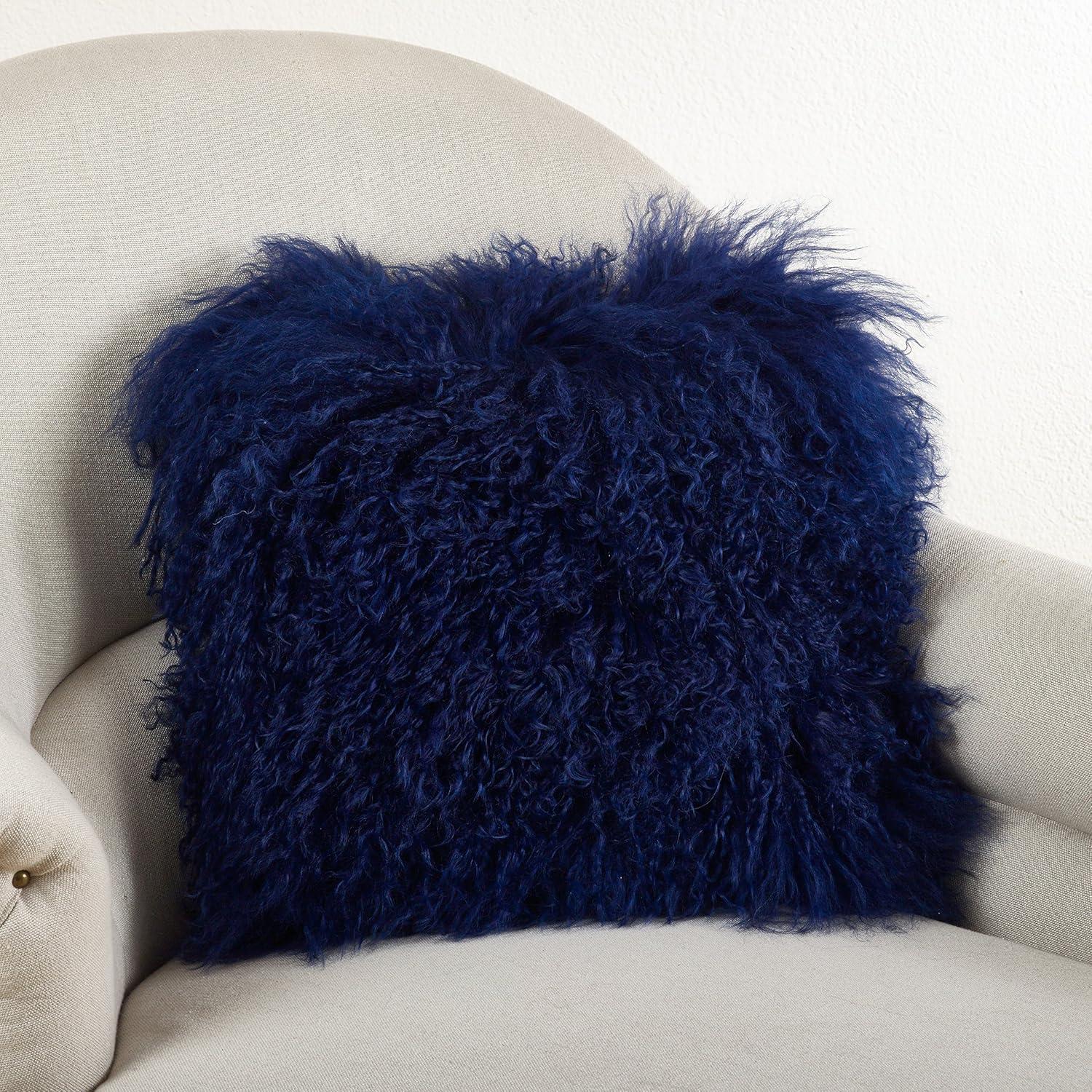 Cobalt Blue 16" Square Mongolian Lamb Wool Fur Throw Pillow