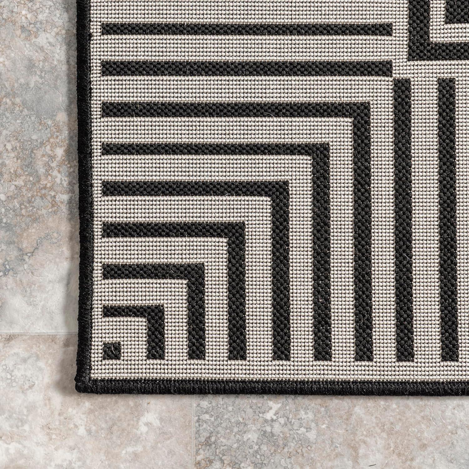 Black and Beige Striped Synthetic 4' x 6' Outdoor Area Rug