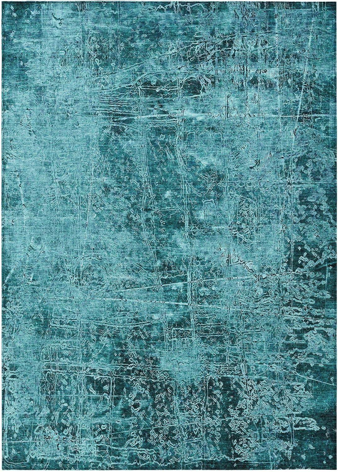 Teal Rectangular Synthetic Flat Woven Washable Rug 3' x 5'