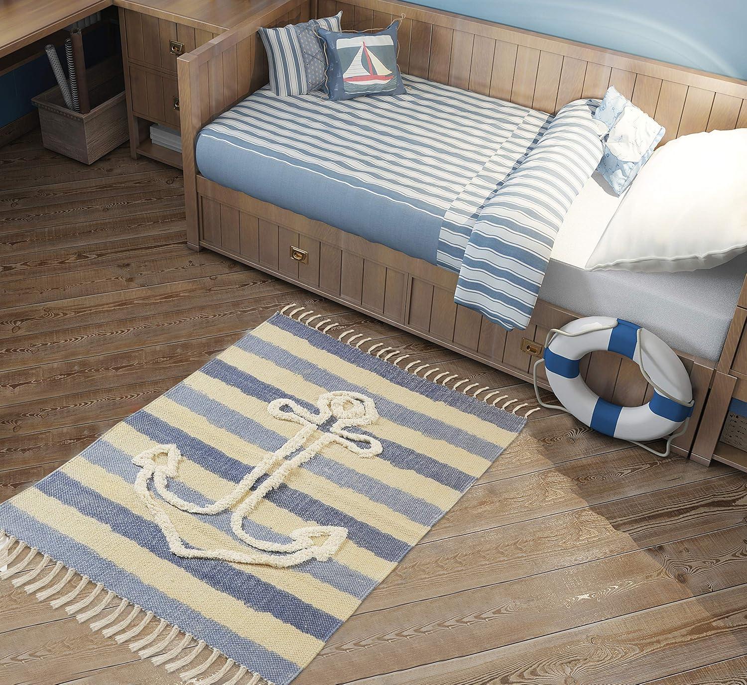 Ox Bay Anchor Navy Blue Striped 2 ft. 6 in. x 3 ft. 9 in. Nautical Tufted Scatter Accent Rug