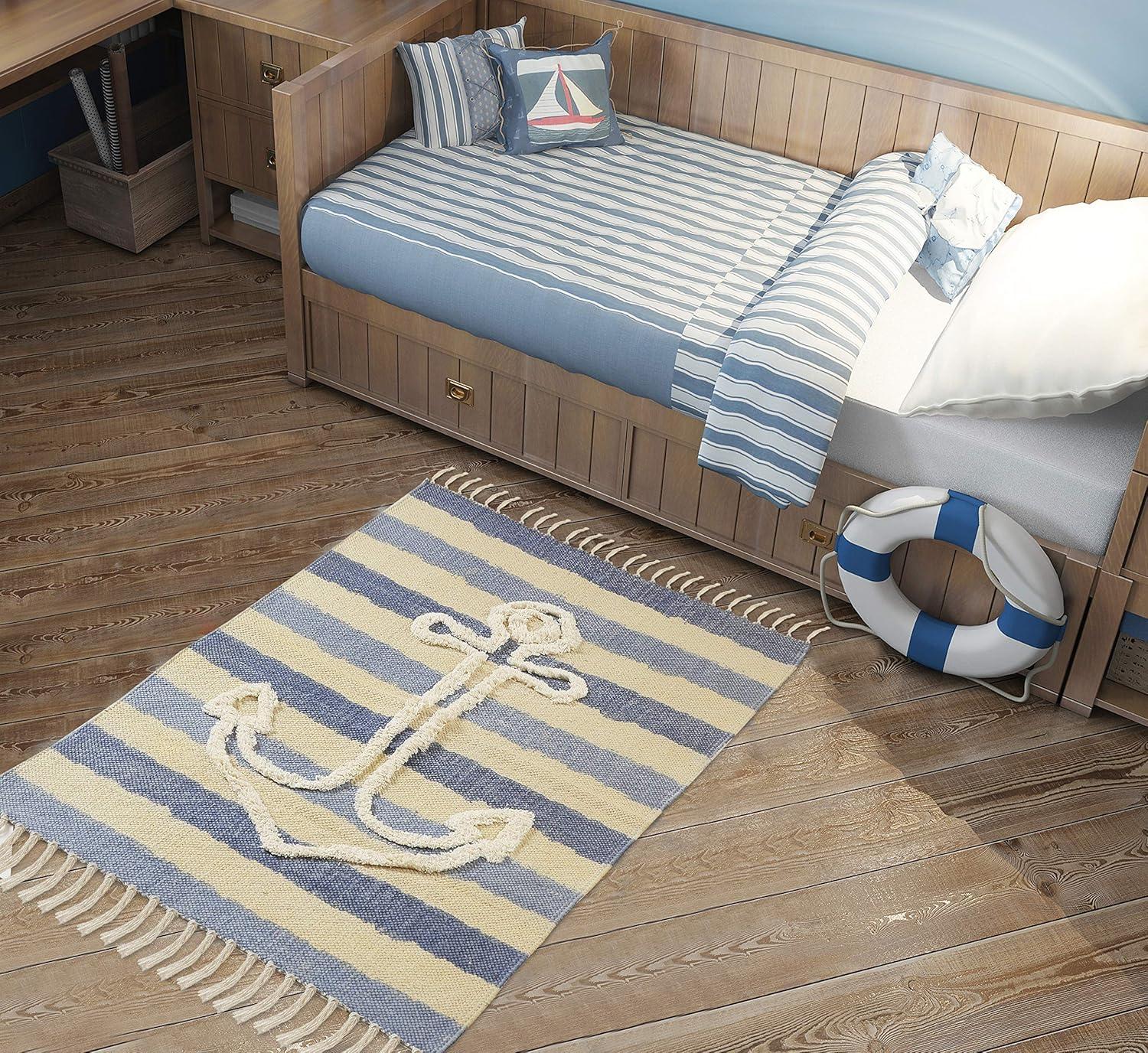 Ox Bay Blair 2'6" x 3'9" Blue/Beige Shag Anchor Striped Durable Indoor Area Rug