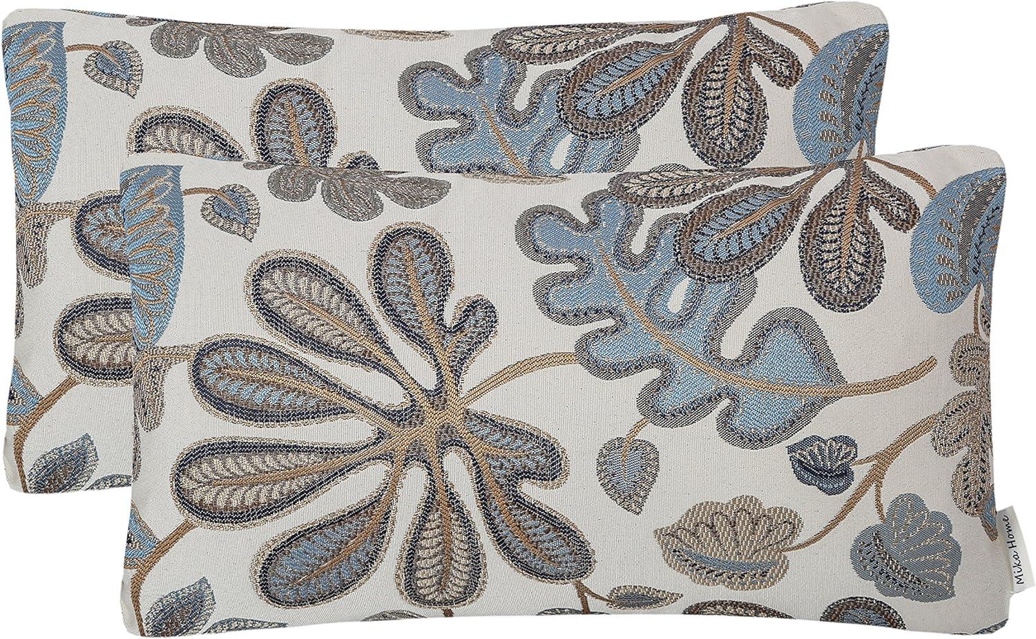 Set of 2 Jacquard Tropical Leaf Pattern Oblong Throw Pillow Covers Accent Pillowcase 12X20 Inches,Blue Cream