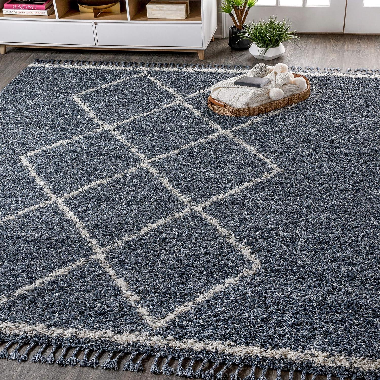 4'x6' Mercer Shag Plush Tassel Moroccan Geometric Trellis Area Rug, Cream/Grey - JONATHAN Y
