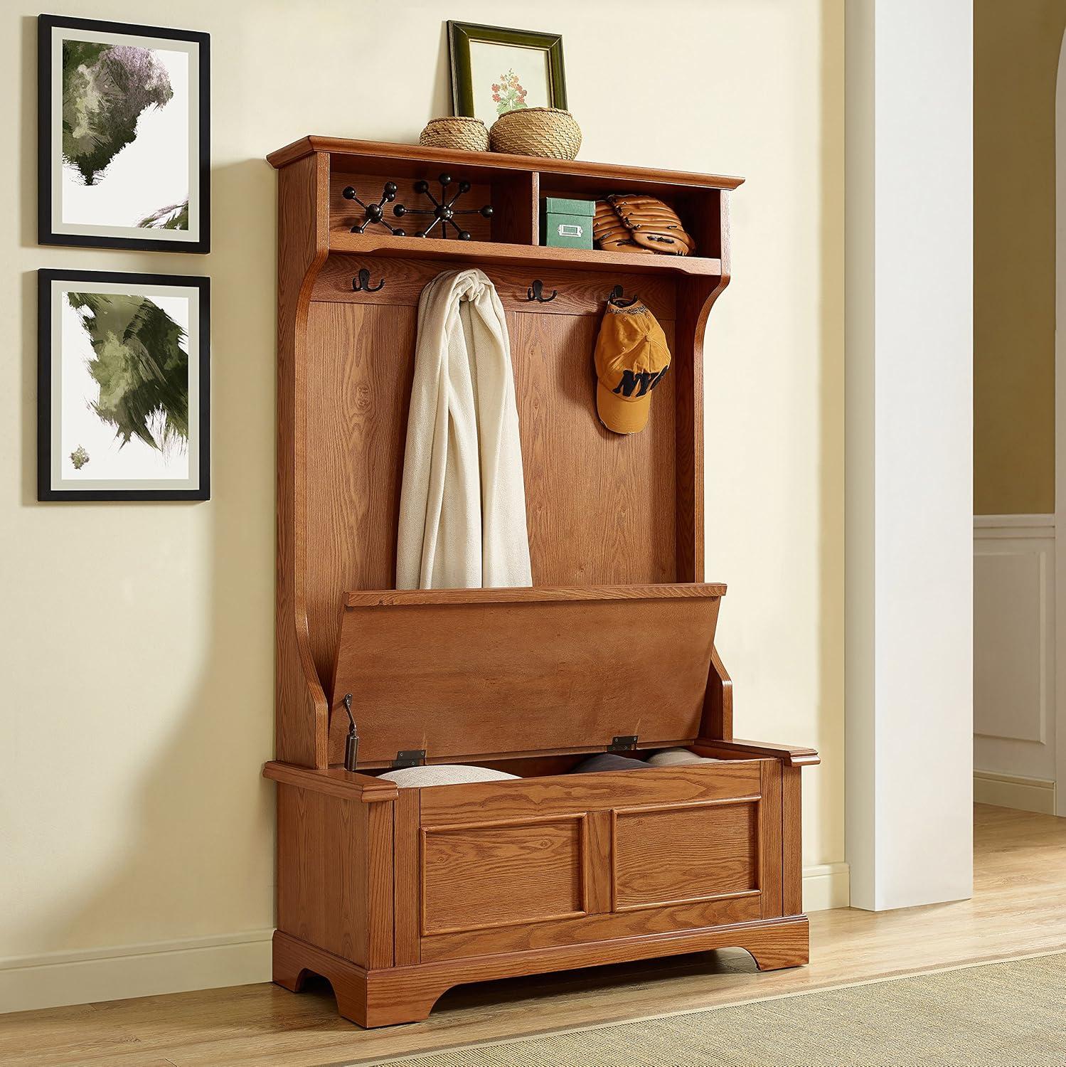 Campbell Hall Tree Oak - Crosley: Spacious Bench, 4 Double Hooks, Shoe Storage
