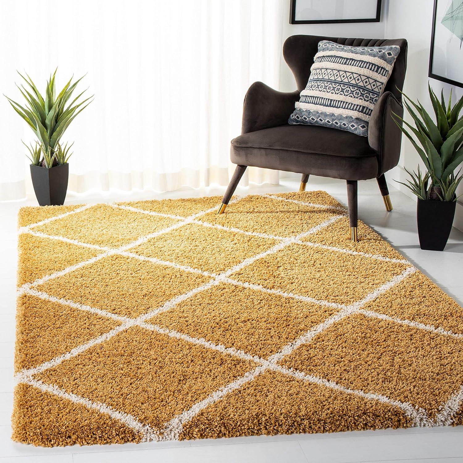 Ivory Diamond Elegance 59" Round Shag Area Rug - Synthetic, Non-Slip