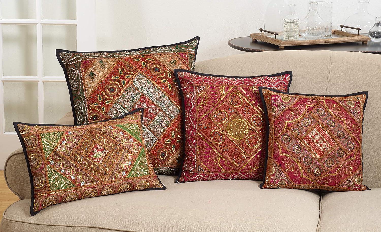 Handmade Sari Sitara Pillow with Beaded Detail, 27" Square