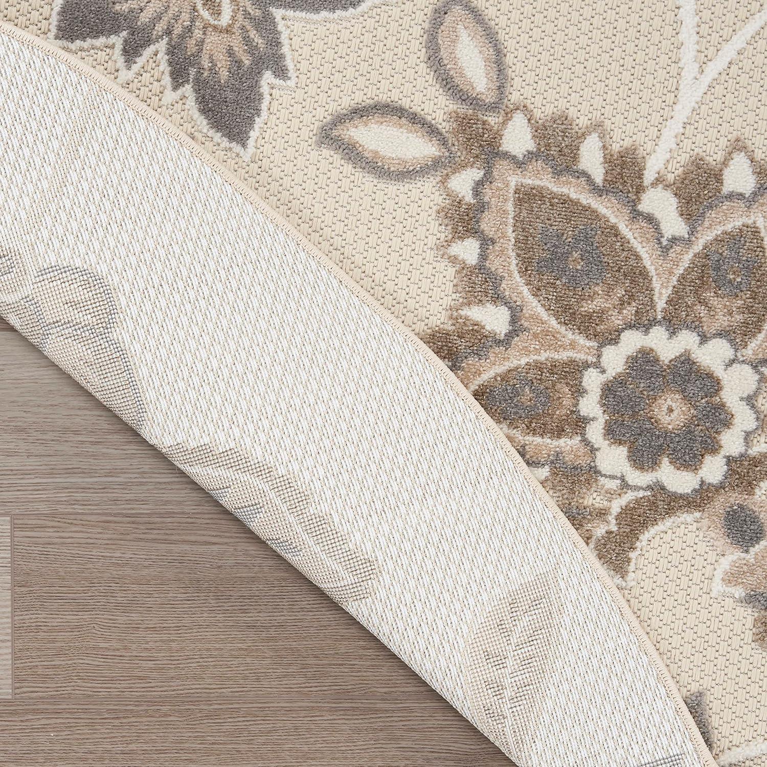 Nourison Aloha Floral Farmhouse Flatweave High-Low Indoor Outdoor Round Rug Beige 7’10” x 7'10"