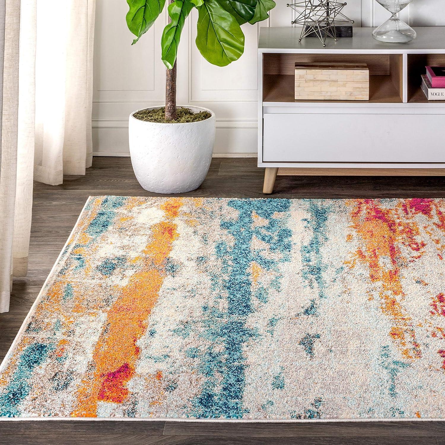 Cream and Blue Abstract Brushstroke 5x8 Area Rug