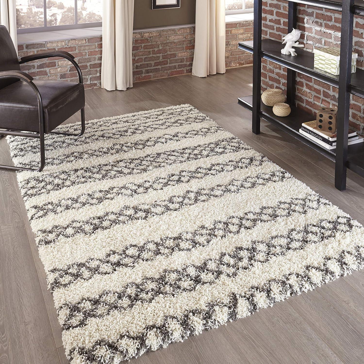 Ivory and Black Rectangular Stain-Resistant Synthetic Area Rug