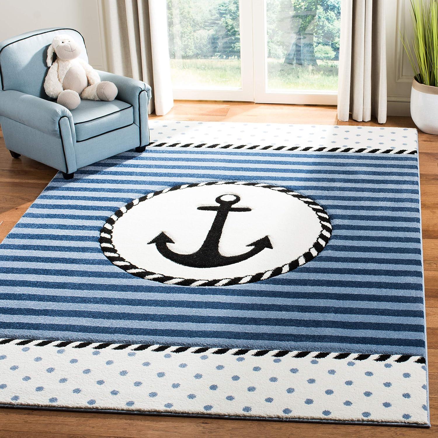 SAFAVIEH Carousel Kids Kennet Anchor Area Rug, Ivory/Navy, 5'3" x 5'3" Square