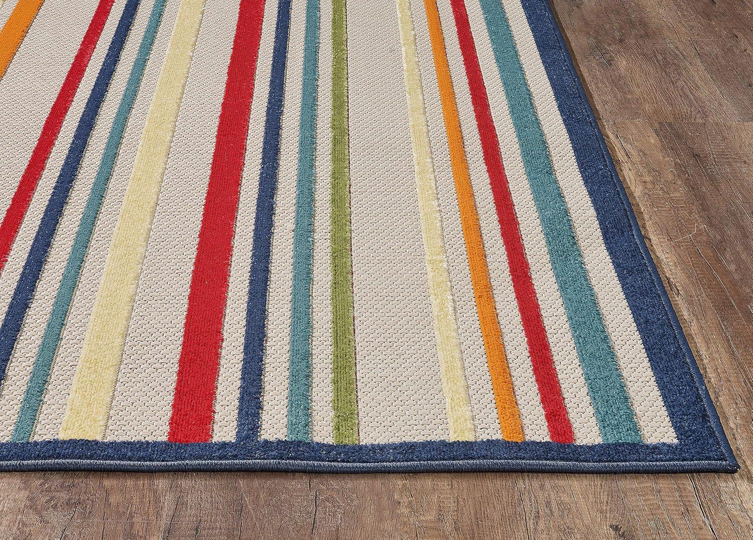 Ivory and Multicolor Striped Synthetic Medium Rug