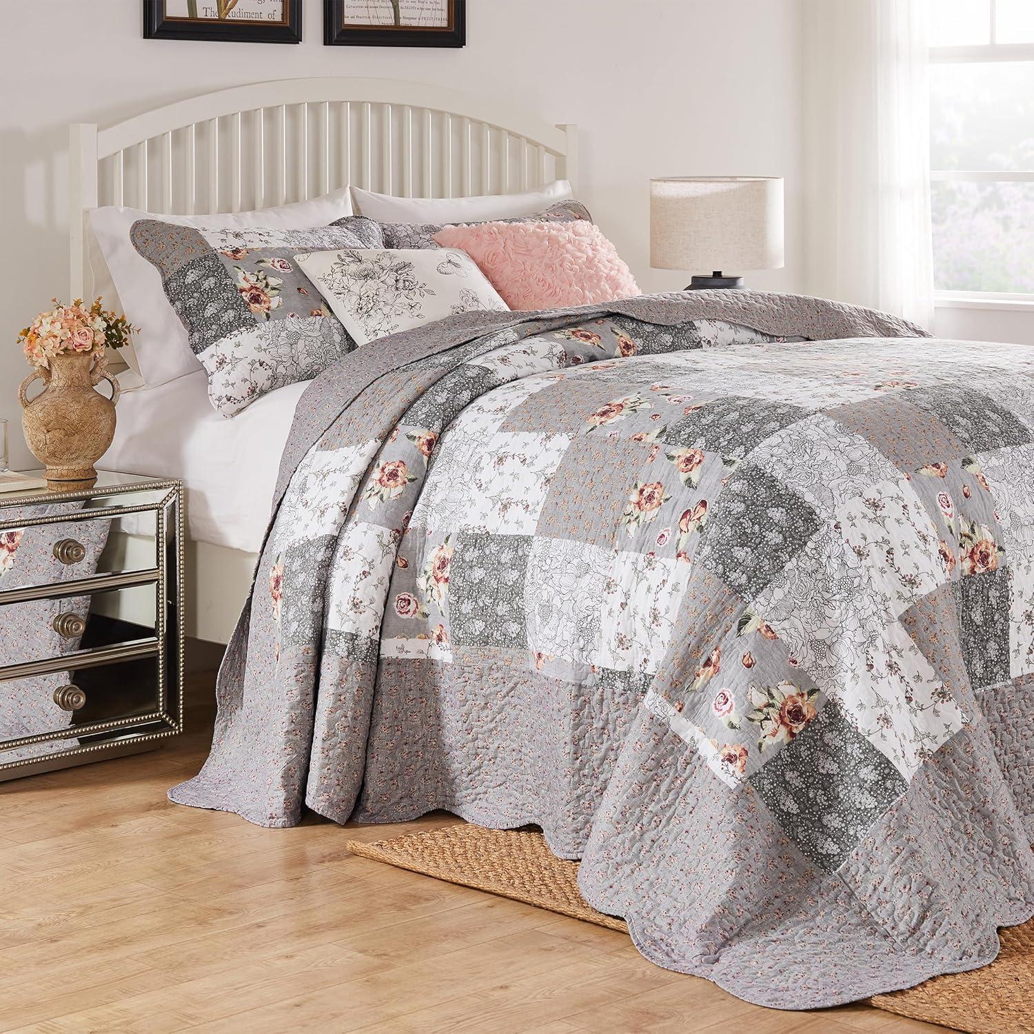 Barefoot Bungalow Giulia Cotton-Rich Floral Print Quilted Bedspread Set, 3-Piece Jumbo Queen, Multi