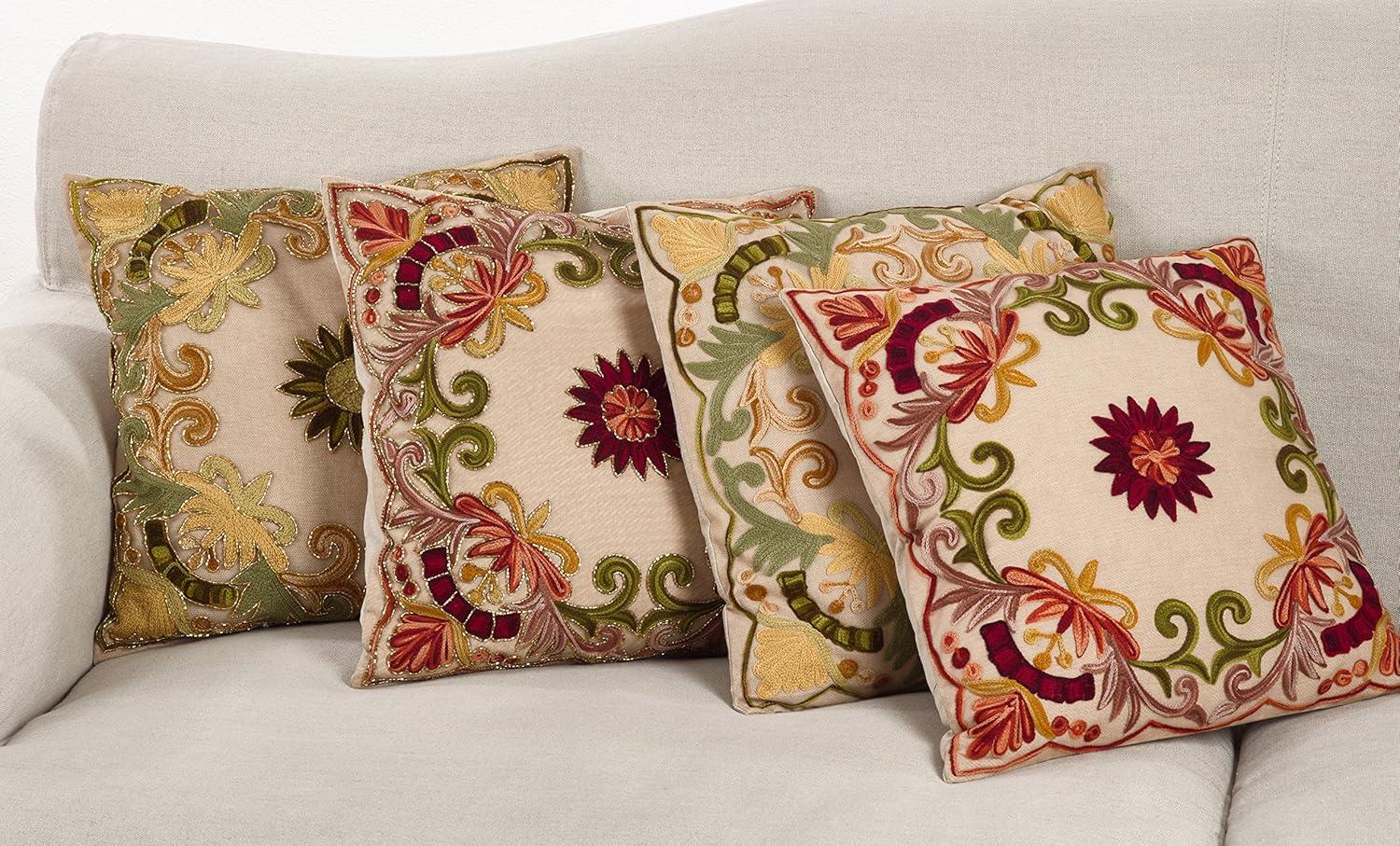 SARO LIFESTYLE Embroidered Floral Design Cotton Poly Filled Throw Pillow, 18", Green