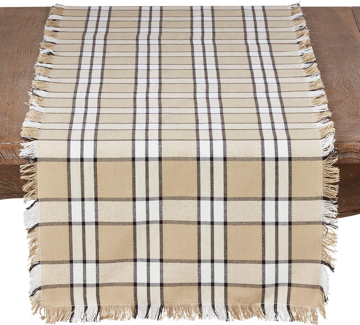 Khaki Plaid Cotton Table Runner with Fringe, 16" x 72"