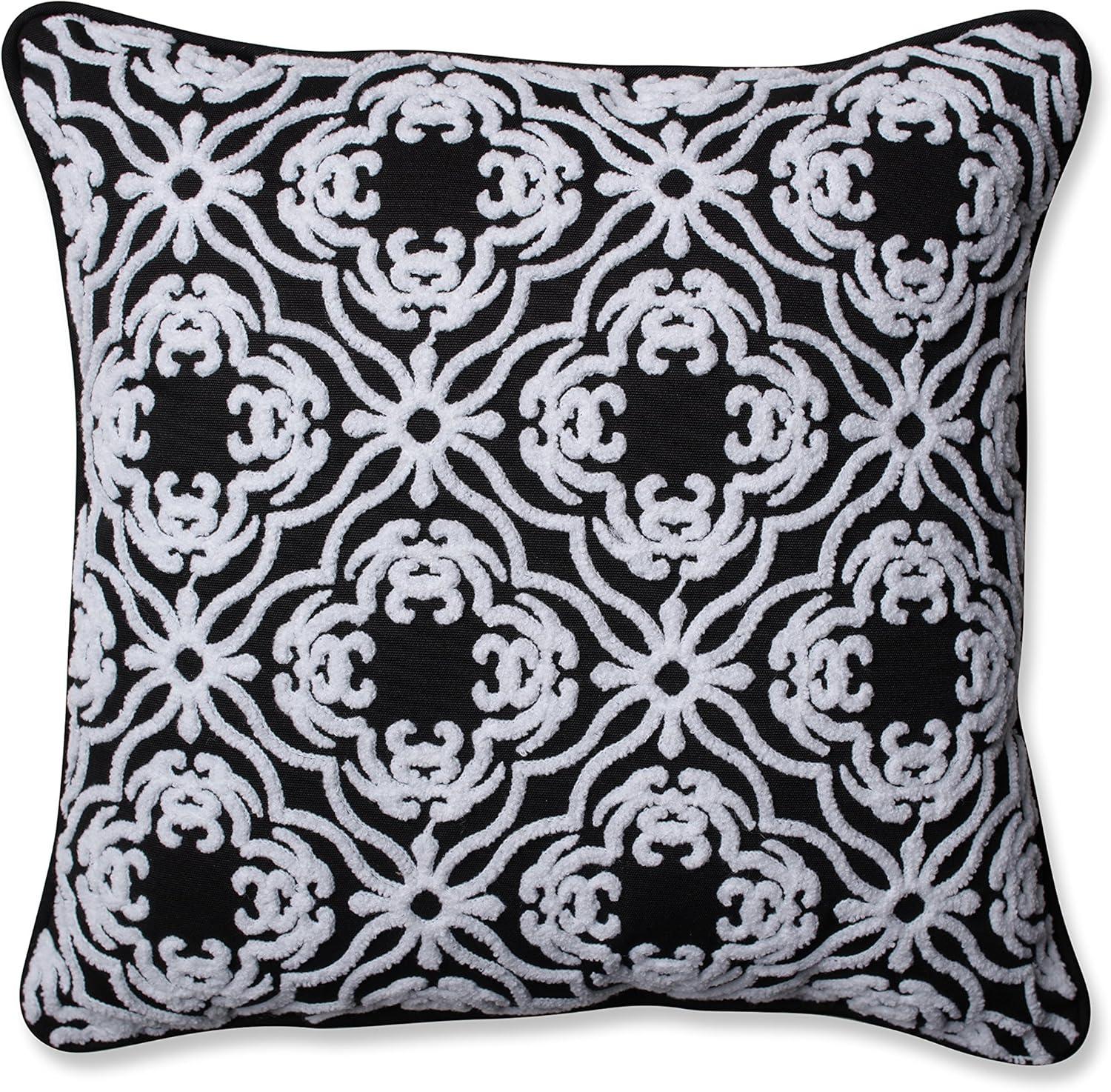 Black and White Embroidered Square Outdoor Pillow