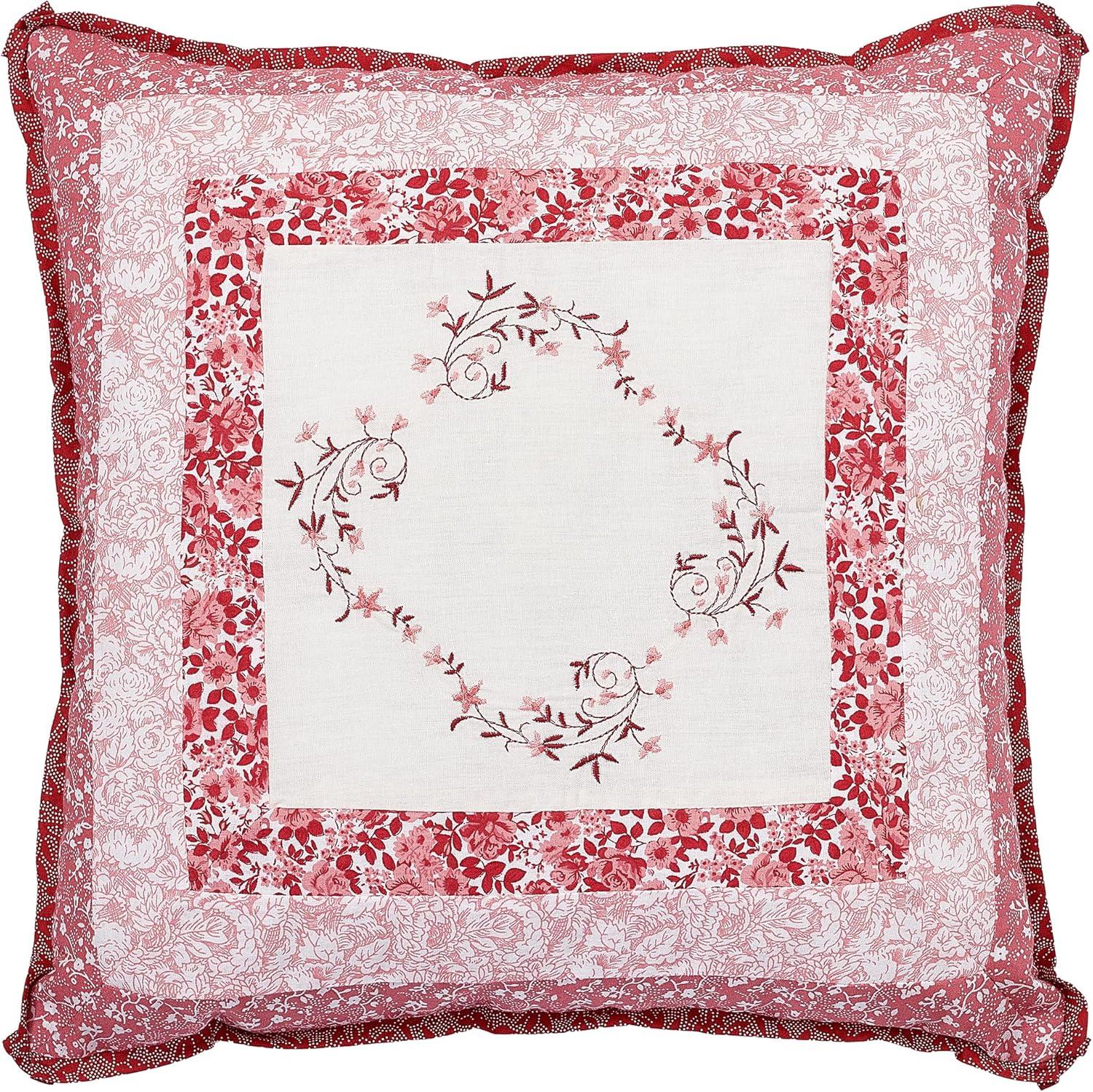 Caroline Red and White Embroidered Floral Square Pillow