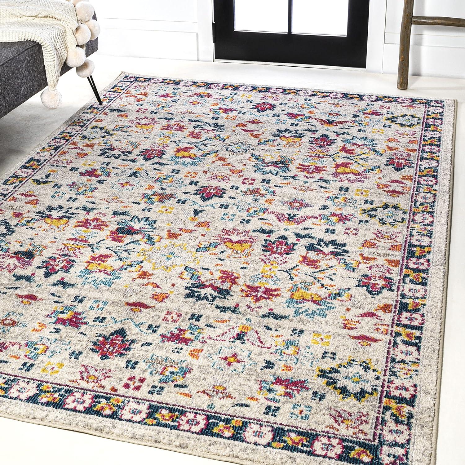 Ivory and Multicolor Synthetic Persian Boho Floral 5' x 8' Rug