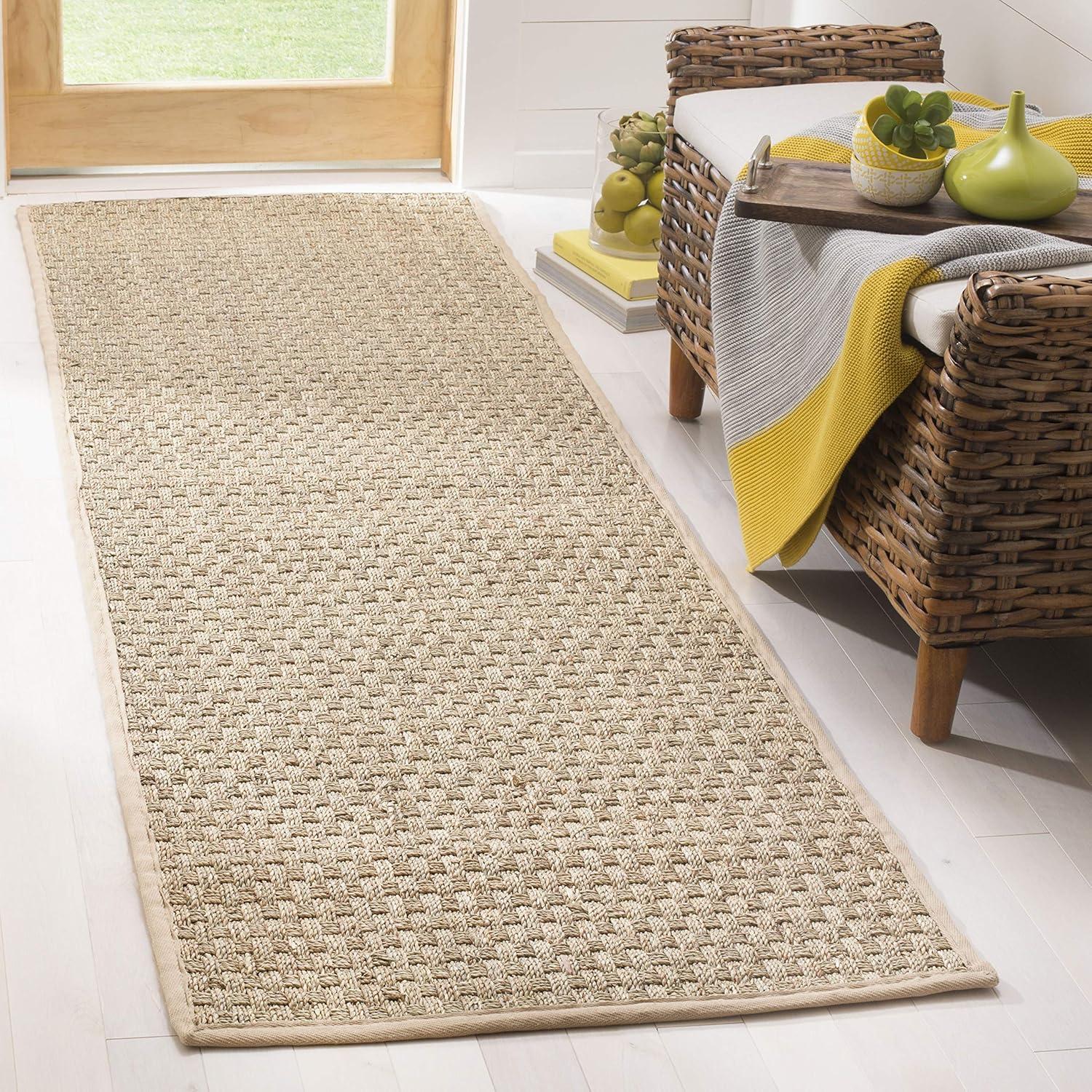 Natural Beige Seagrass Runner Rug with Cotton Border