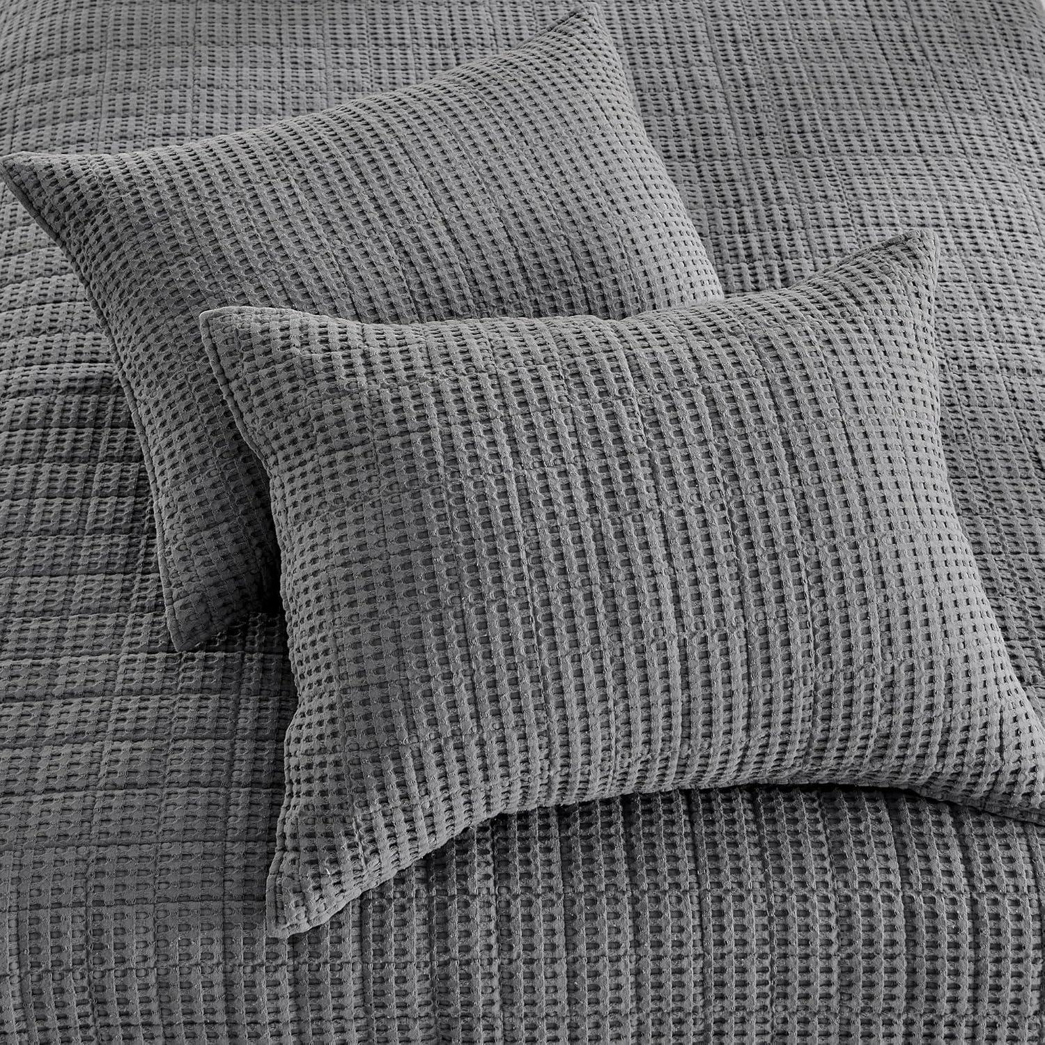Mills Waffle Charcoal Quilt Set - One Full/Queen Quilt and Two Standard Shams - Levtex Home