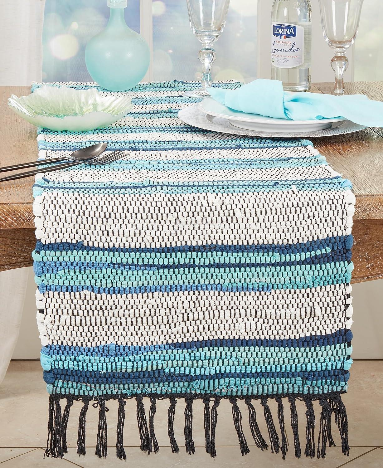 Saro Lifestyle Boho Chic Stripe Chindi Table Runner with Fringe, 16"x72", Blue