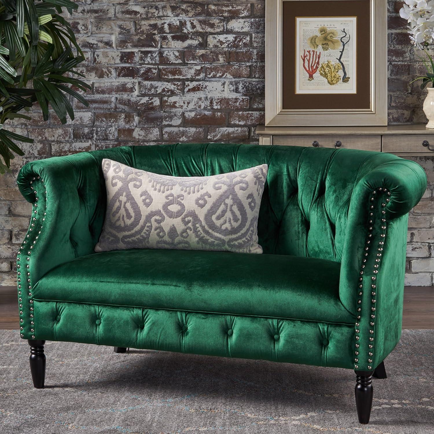 Emerald Velvet Chesterfield Loveseat with Nailhead Accents