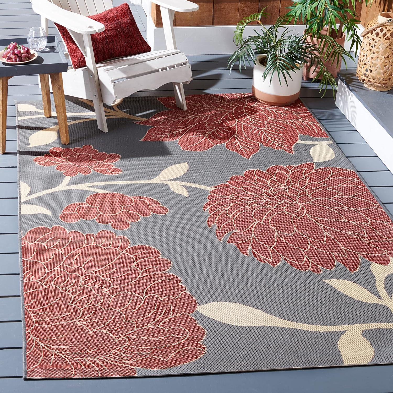 Anthracite and Red Floral Synthetic Outdoor Area Rug