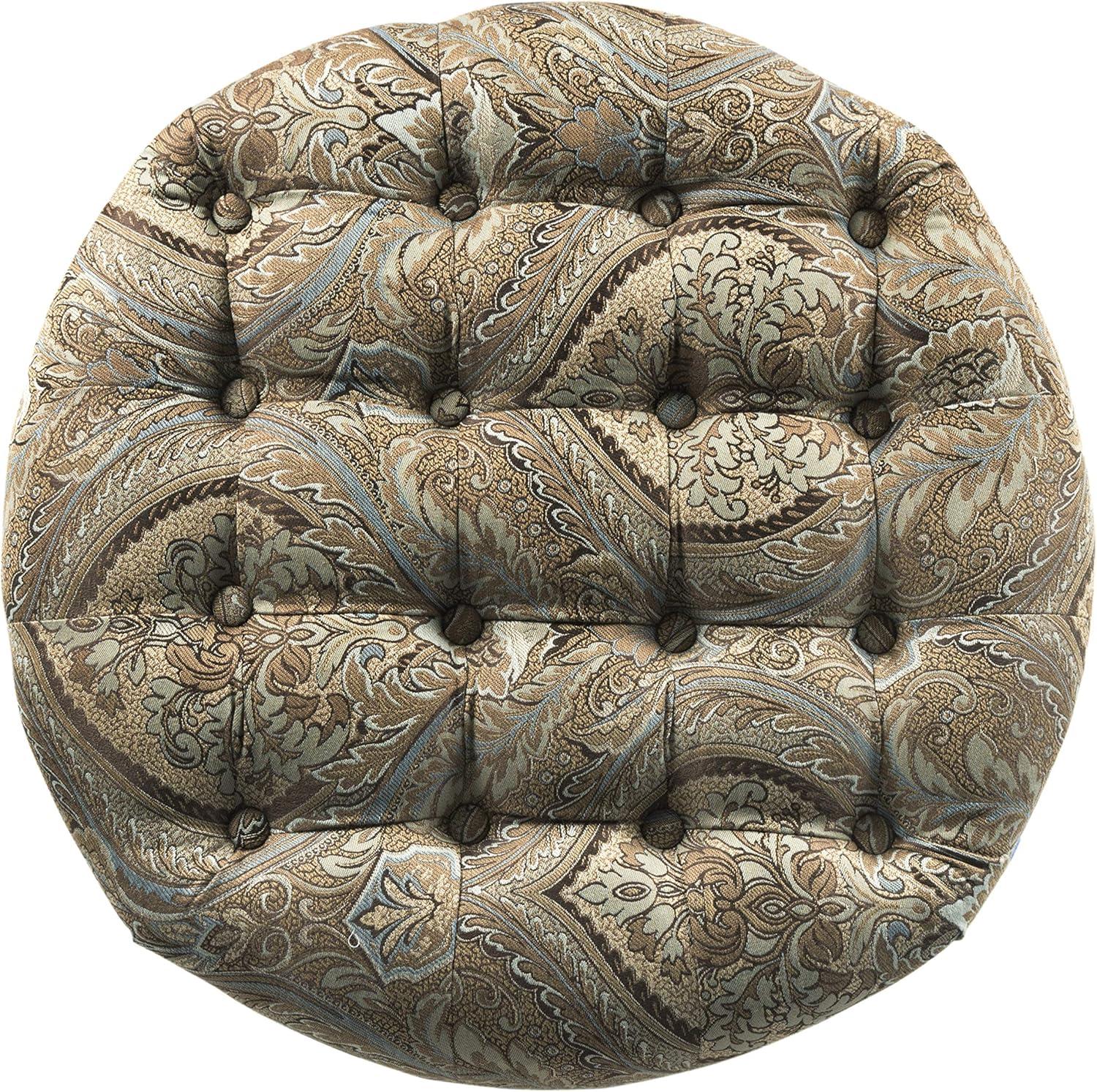 Brown and Teal Paisley Tufted Round Storage Ottoman