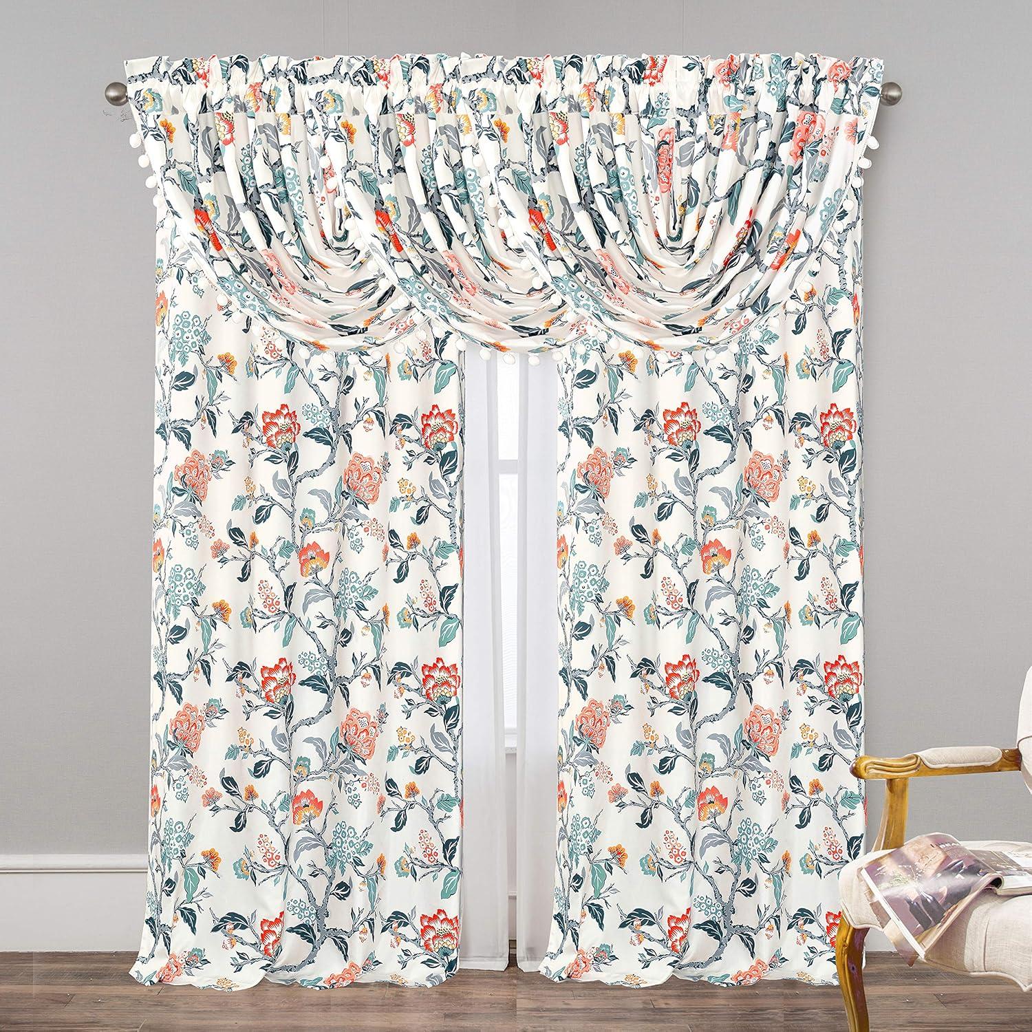 DriftAway Ada Floral Lined Thermal Insulated Room Darkening Blackout Grommet Window Curtains, 2 Panels, 52" x 72", Ivory Orange Teal