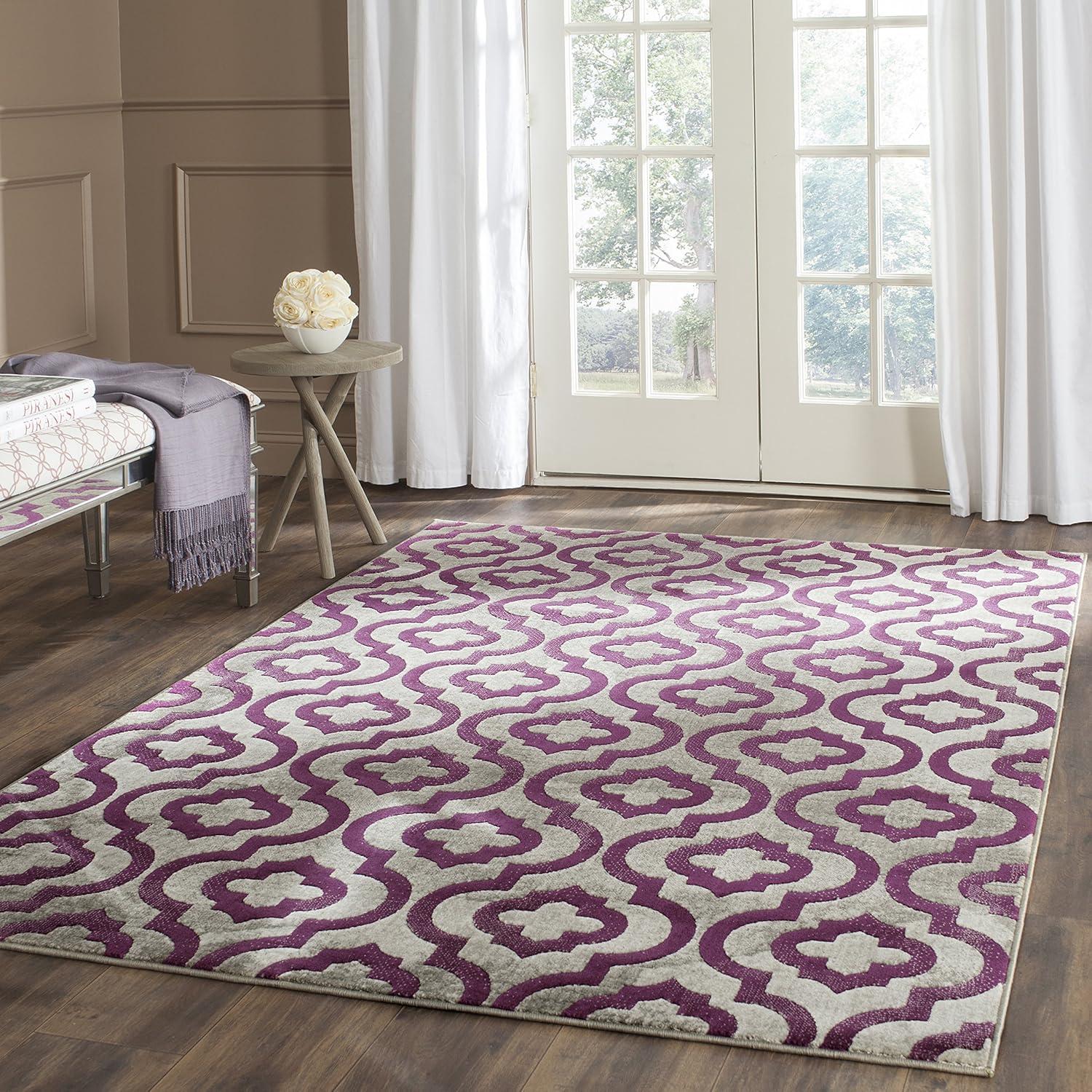 Light Grey and Purple Floral Synthetic Area Rug