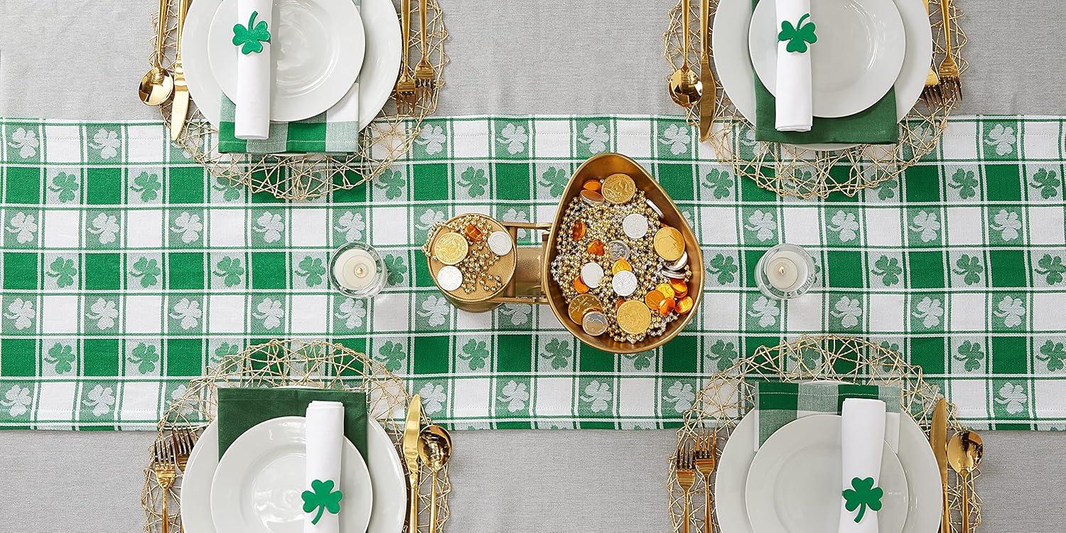 Green and White Cotton Shamrock Check Table Runner 14x72