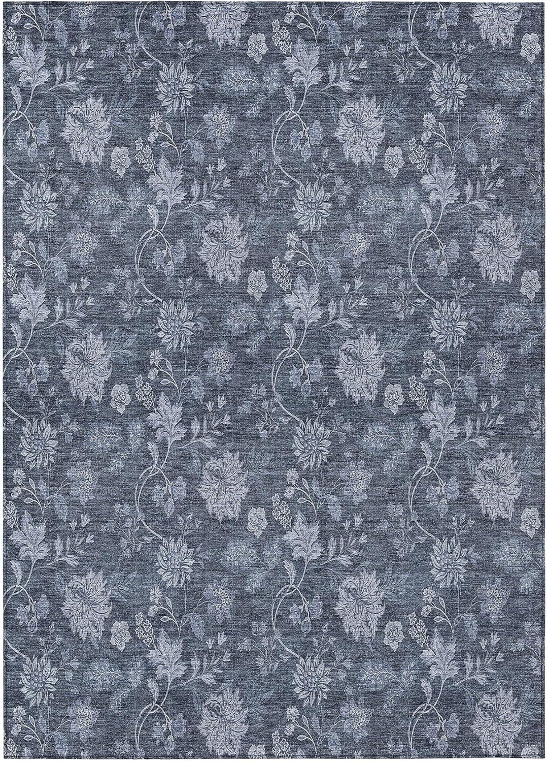 Blue Floral Synthetic Rectangular 8' x 10' Washable Rug