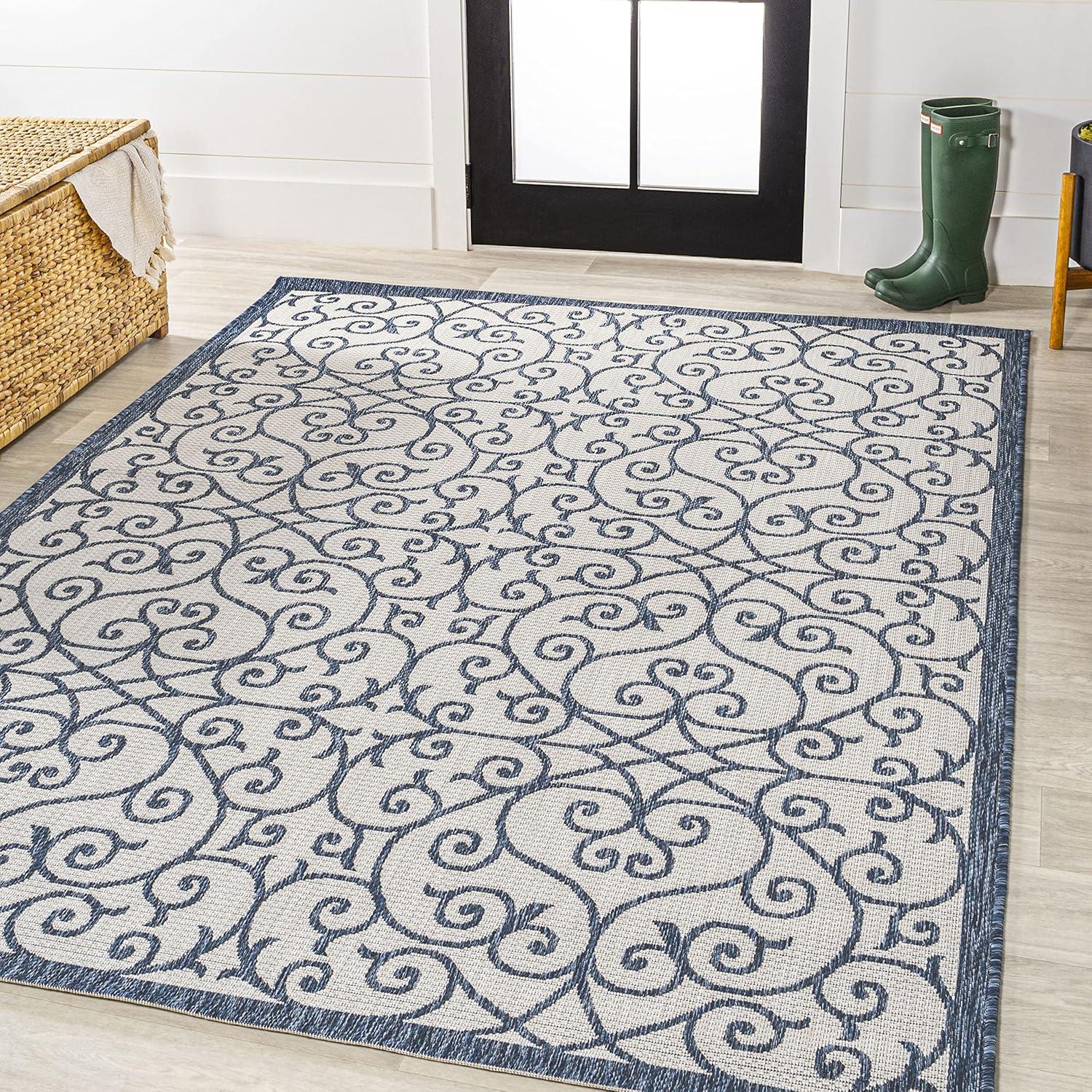 4' x 6' Madrid Vintage Filigree Textured Weave Indoor/Outdoor Area Rug, Blue/Cream - JONATHAN Y