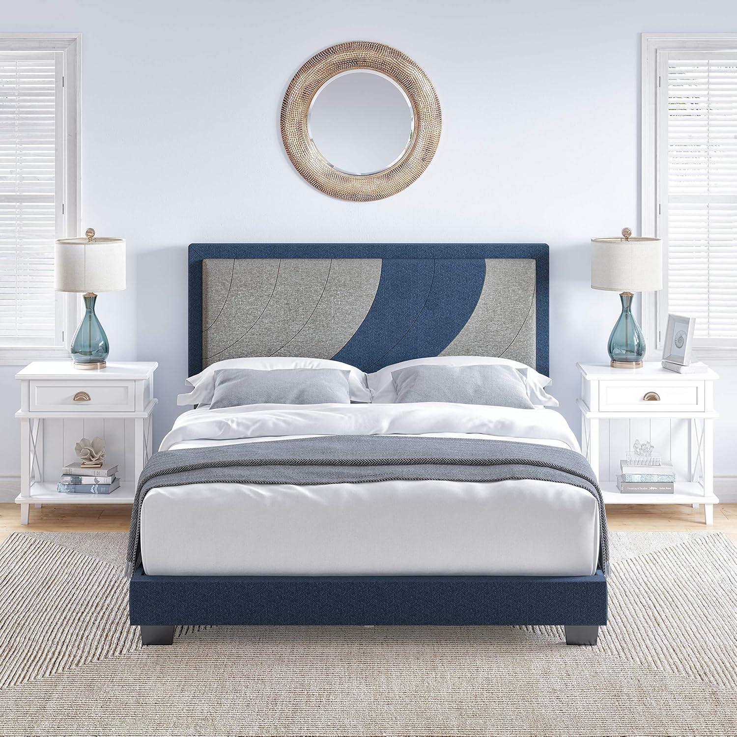 King Blue and Gray Linen Upholstered Platform Bed with Tufted Headboard