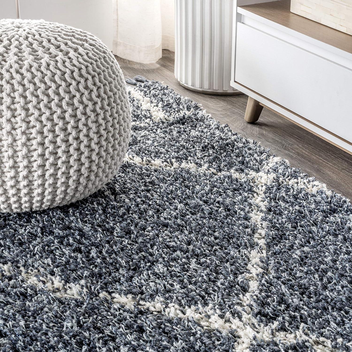 4'x6' Mercer Shag Plush Tassel Moroccan Geometric Trellis Area Rug, Denim/Cream - JONATHAN Y