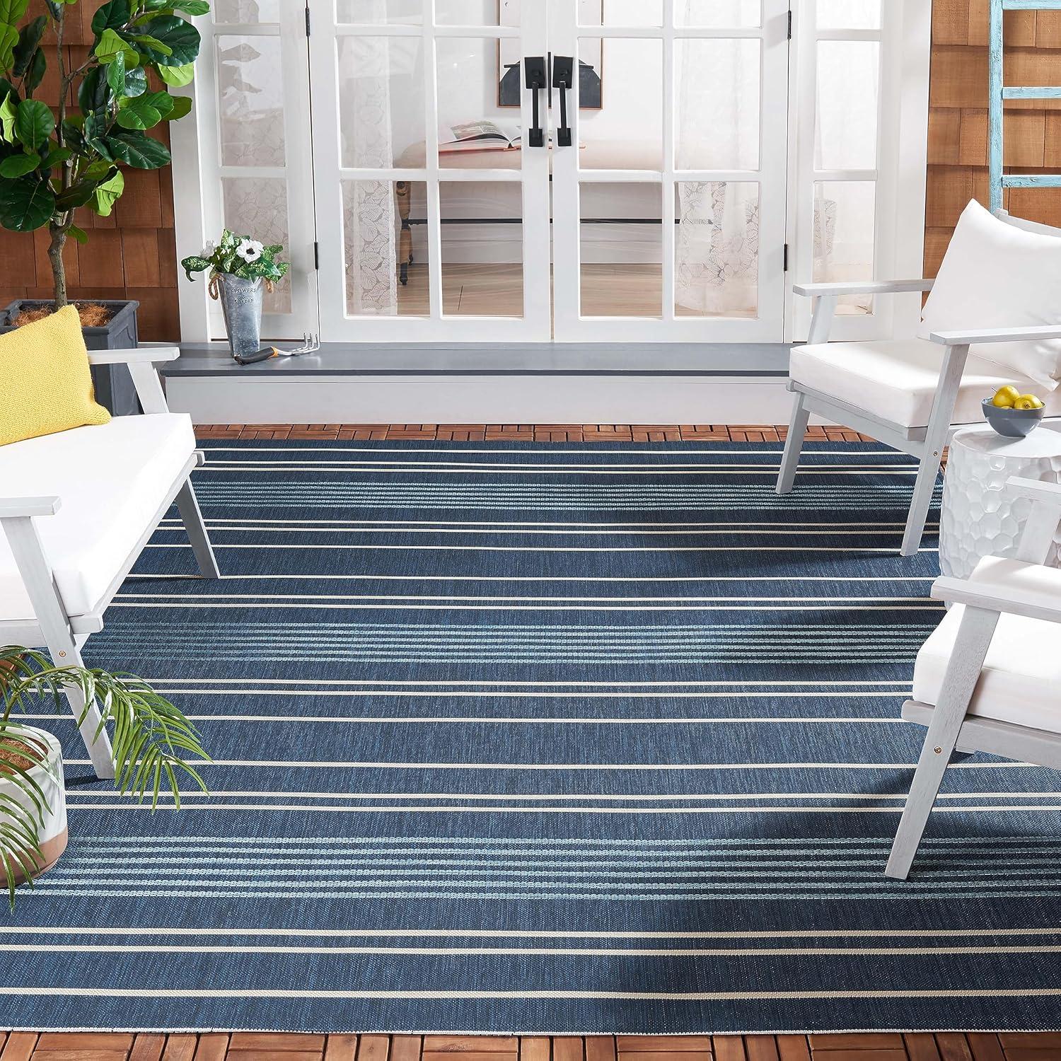 Navy and Blue Striped Rectangular Synthetic Indoor/Outdoor Rug, 8' x 11'