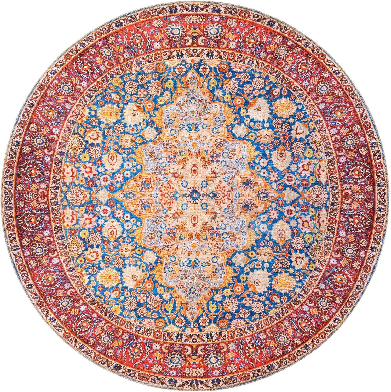 Navy Blue and Red Round Chenille Medallion Rug