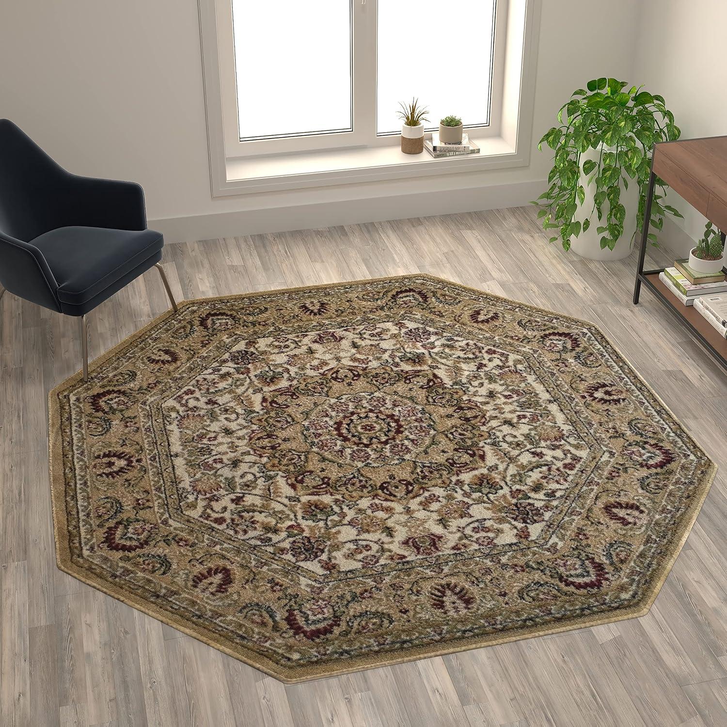 Flash Furniture Mersin Collection Octagonal Traditional Black, Burgundy, Green, Beige, Ivory Area Rug, 7' x 7'