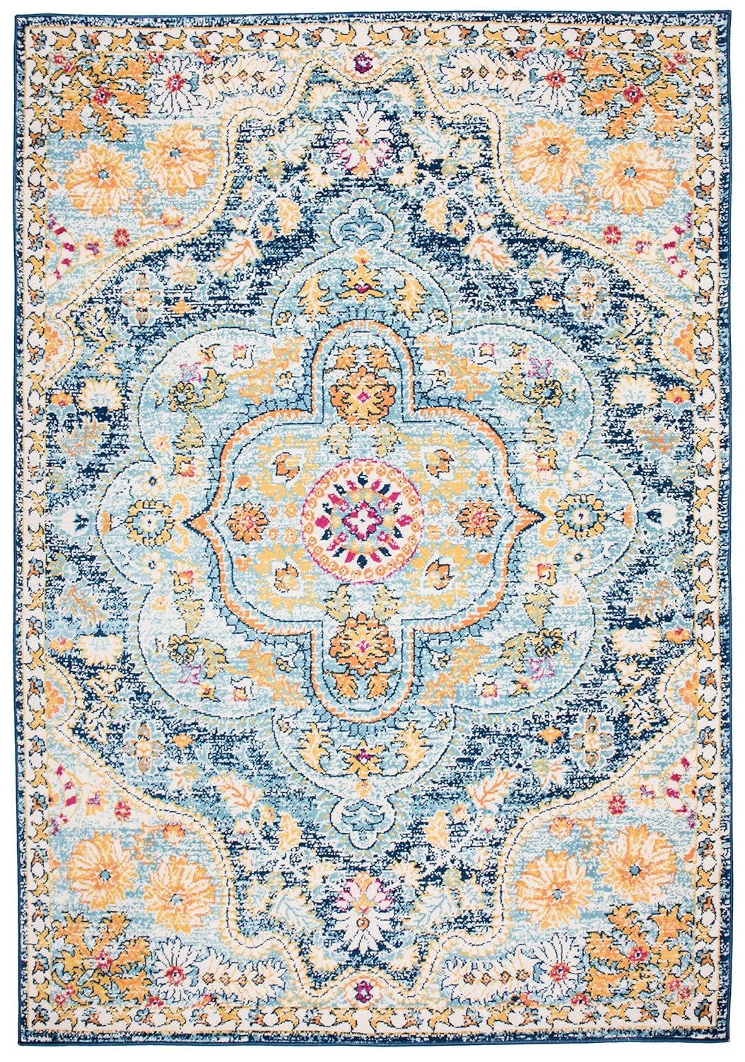 World Rug Gallery Distressed Vintage Bohemian Navy 5' x 7' Area Rug:  Medallion Pattern,  Pet Friendly,  Stain-Resistant,  Low Pile