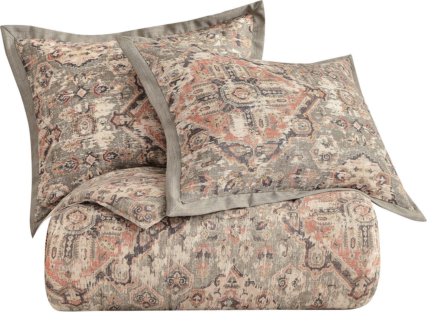 Gray Medallion Pattern Linen King Duvet Cover Set