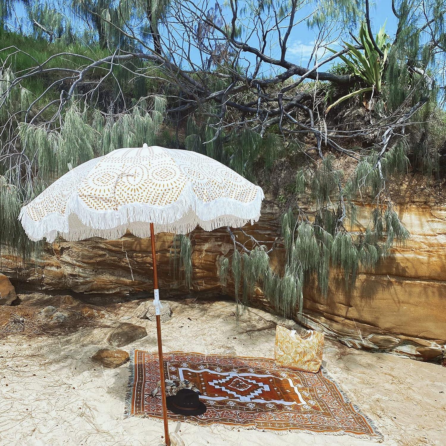 Beige Boho-Chic Aluminum Beach Umbrella with Fringe