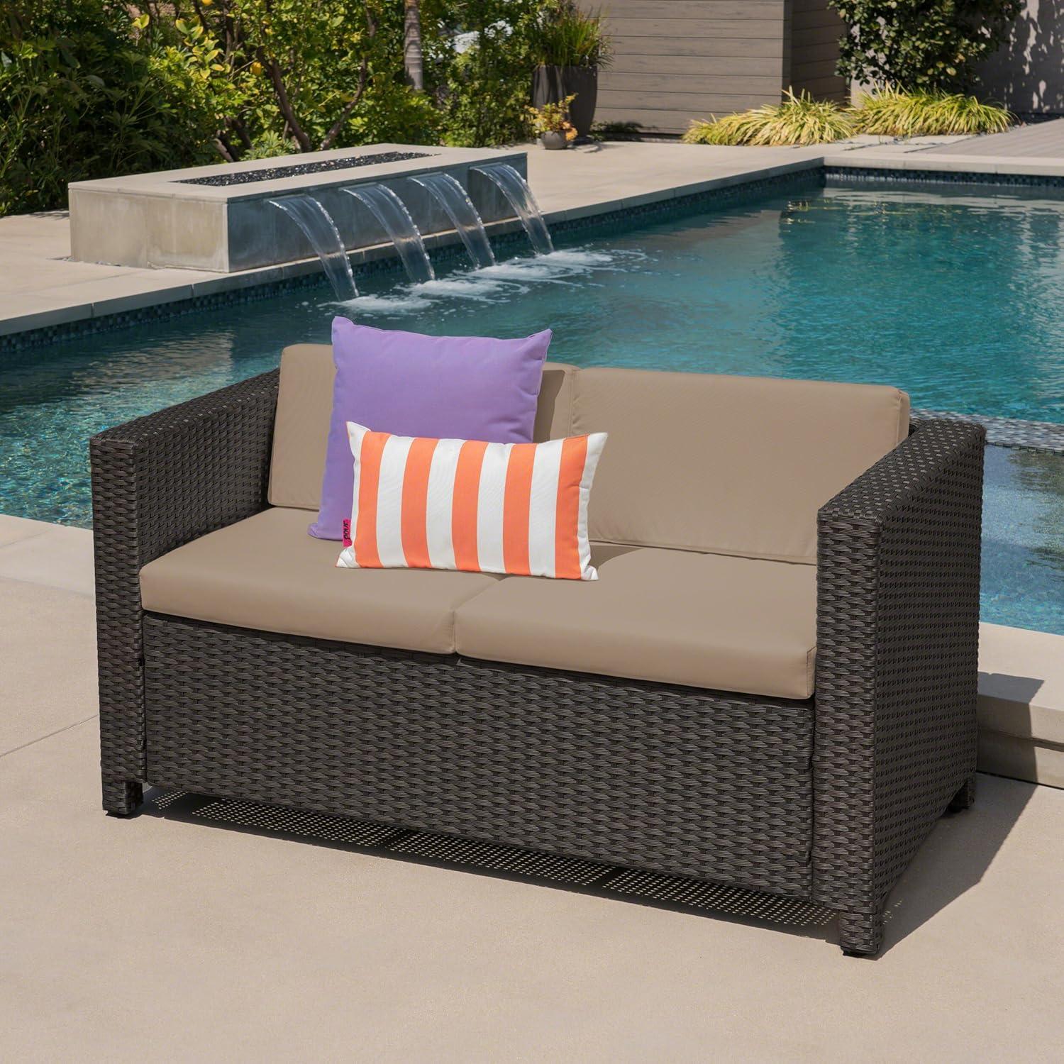 Lorelei Outdoor Wicker Loveseat with Cushions, Dark Brown and Beige