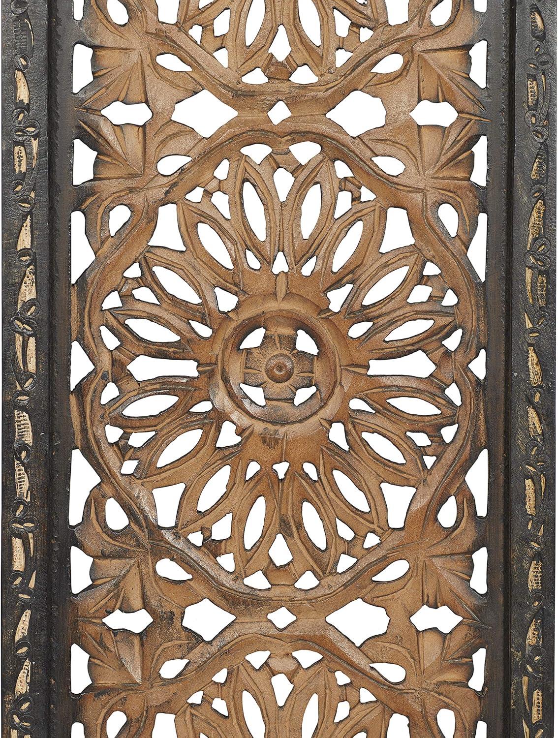 DecMode Brown Wood Handmade Intricately Carved Floral Wall Decor (2 Count)