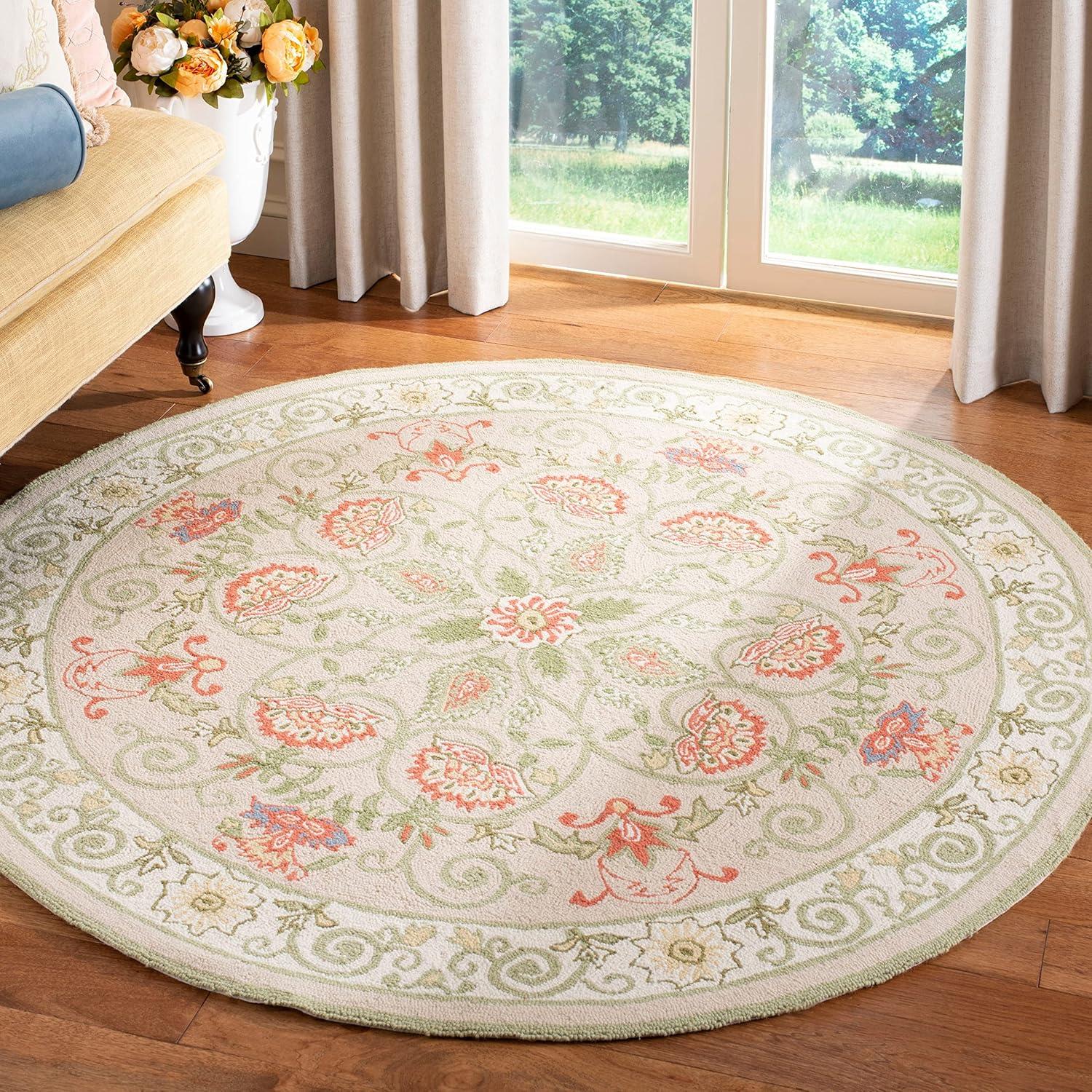 Beige and Green Hand-Hooked Wool Floral Area Rug