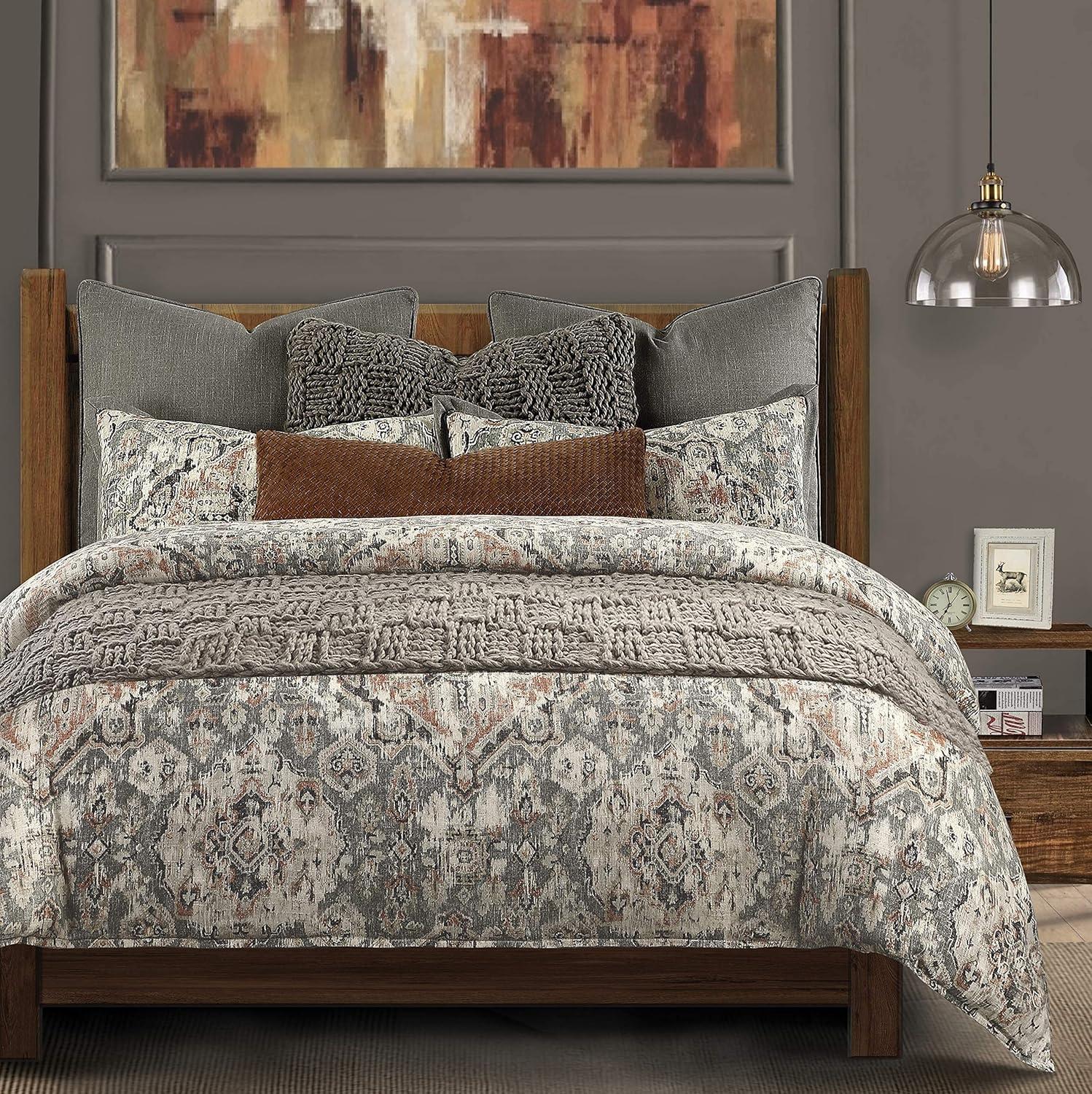 HiEnd Accents Carmen Taupe Linen Medallion Pattern Classic Modern Rustic Comforter Set